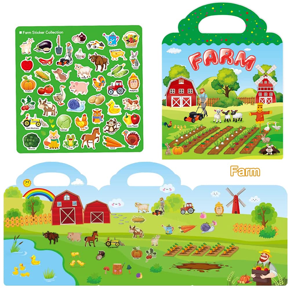 Reusable Sticker Books For Kids, 3 Sets Travel Removable Toddler Sticker Books For 2 3 4 5 Year Old Girls Boys Birthday Gifts Educational Learning Toys For Age 2-4 - Farm & Zoo Animal, Vehicle