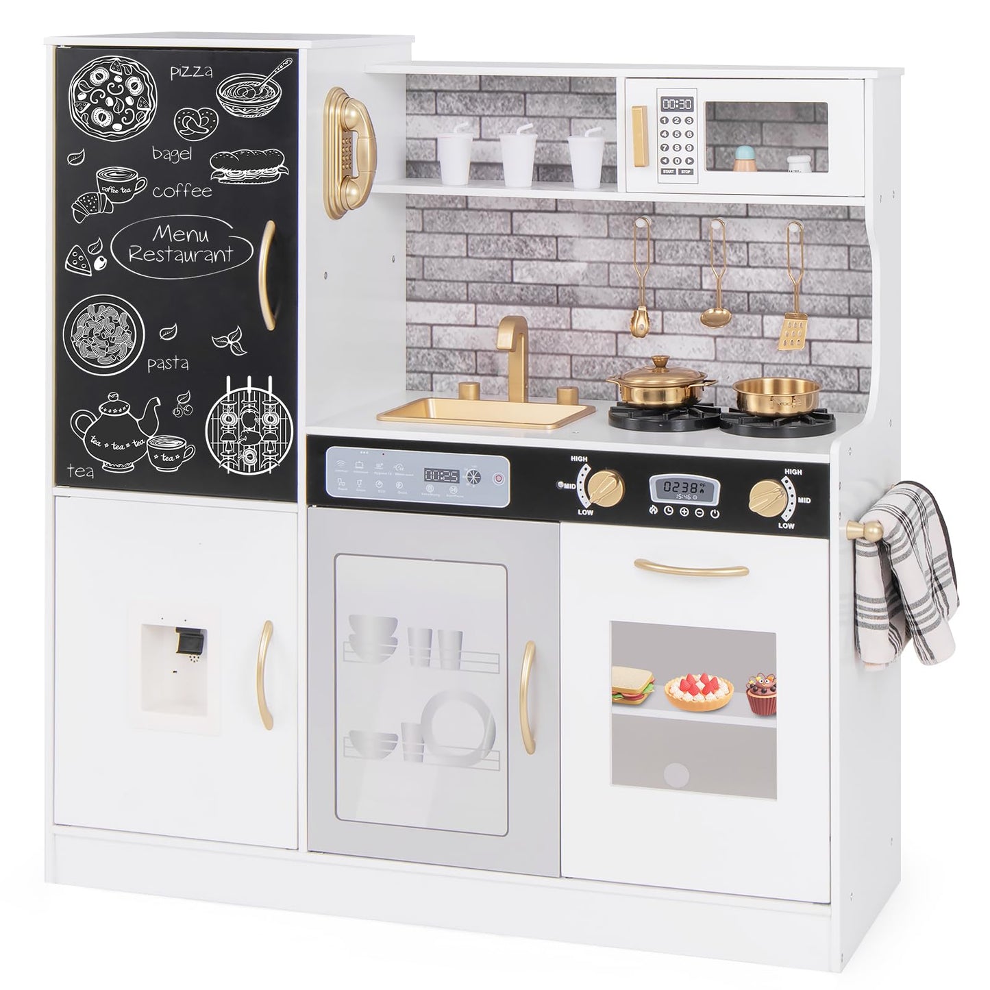 Costzon Play Kitchen For Kids, Wooden Toy Kitchen Set With Stoves, Microwave, Blackboard, Water Dispenser, Telephone, Cooking Ac