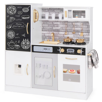 Costzon Play Kitchen For Kids, Wooden Toy Kitchen Set With Stoves, Microwave, Blackboard, Water Dispenser, Telephone, Cooking Ac