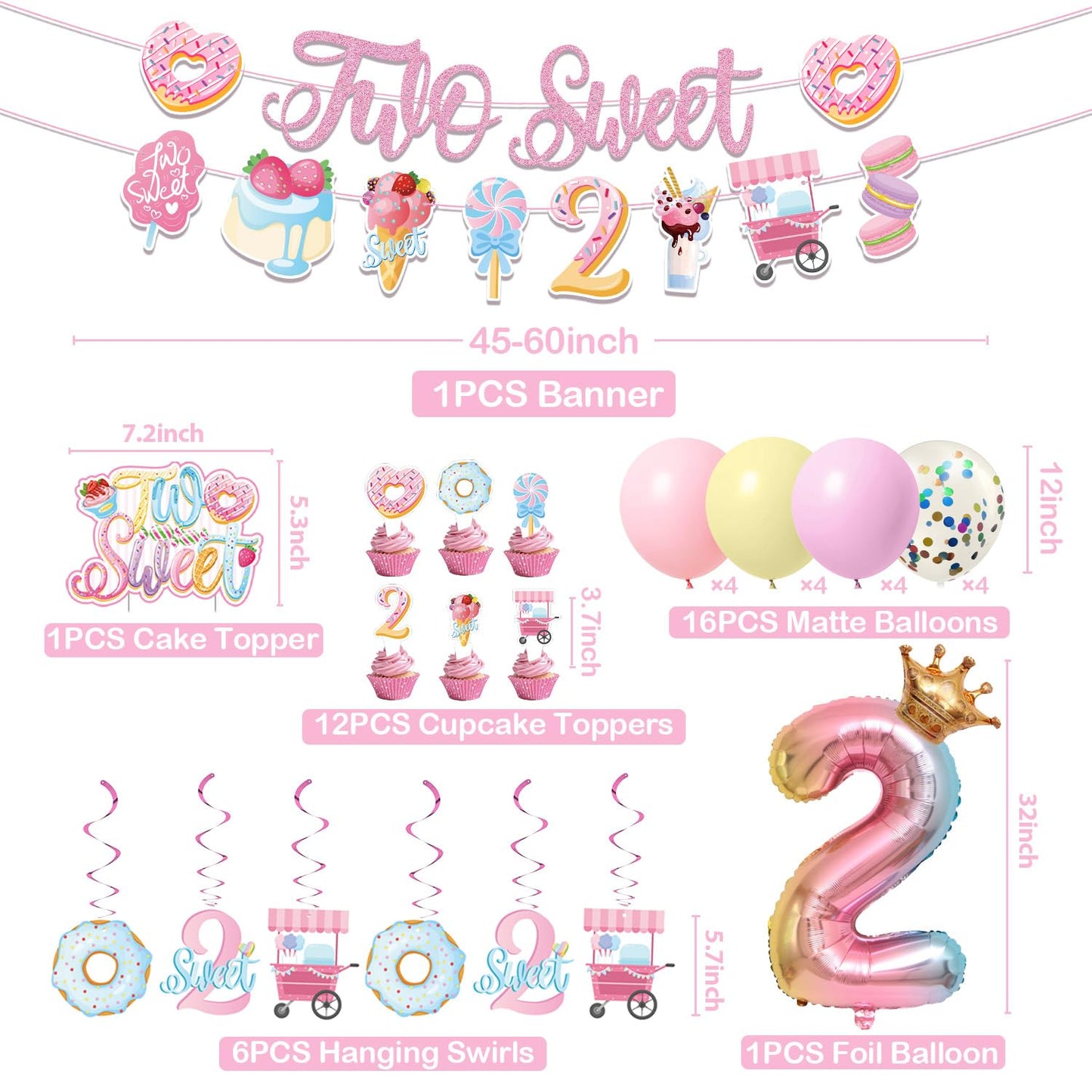 Juyrle Two Sweet Birthday Party Decorations- Donut Birthday Party Supplies For Girls Two Sweet Banner Donut Balloon Cupcake Toppers 2Nd Candy Theme Party Supplies For Baby Shower