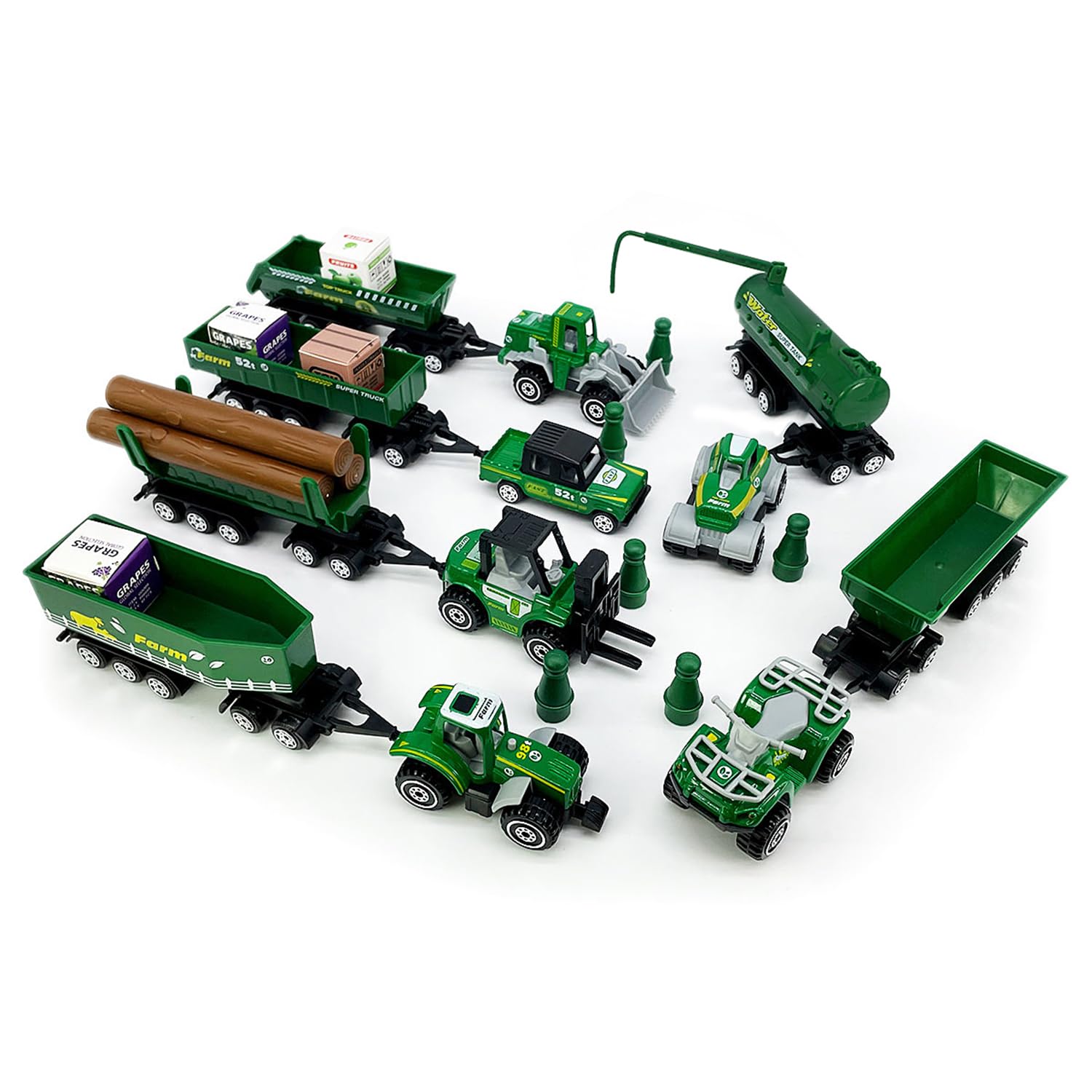 Kid's Farm Toys Tractor Trailer Trucks Vehicle Playset Grain Loader Forklift Pickup Tow Truck Towing Water Tank Log Transport, 1