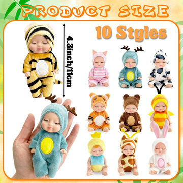 Haawooky 10 Pcs Mini Baby Dolls,4 Inch Lifelike Realistic Baby Dolls With Animal Clothes,Cute Small Baby Doll For Girls Kids Easter Basket Valentine Birthday