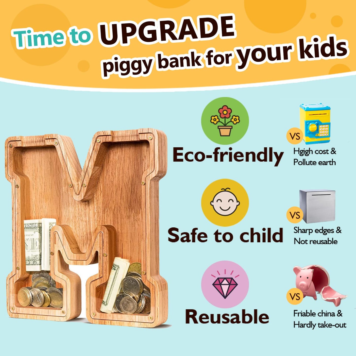 SummiDate Wooden Letter Piggy Bank| Piggy Bank for Boys Girls Toddler| Alphabet M Money Bank| Coin Bank Birthday Gift for Kids|Birthday Gift for Kids (M)