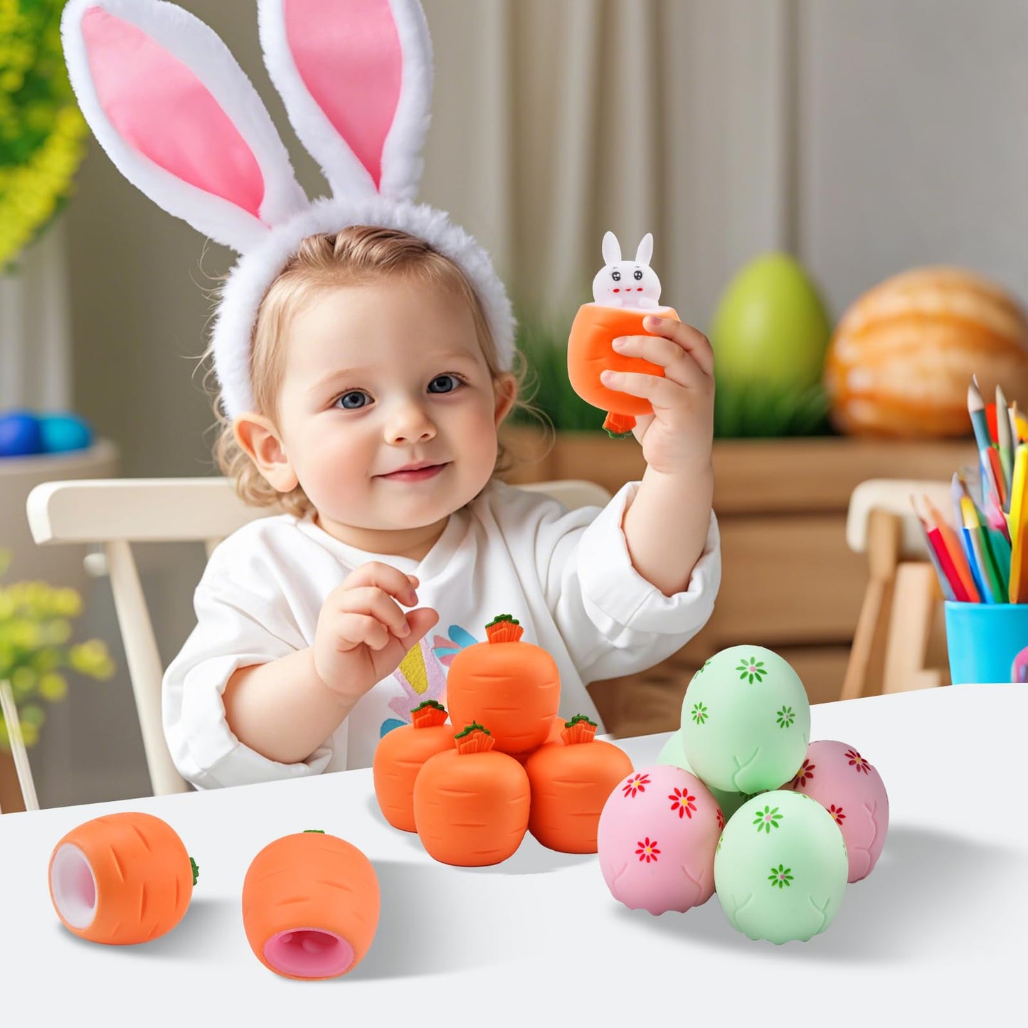 Taikuray 12Pcs Easter Eggs Squishy Bunny, Easter Basket Stuffers, Cute Rabbits Hide In Broken Easter Eggs Or Carrots, Pop Up Car