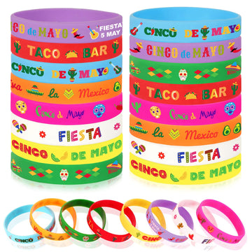 JUNEBRUSHS 24pcs Mexican Fiesta Party Favors Silicone Bracelets Cactus Guitar Hat Rubber Wristbands for Fiesta Mexican Birthday 
