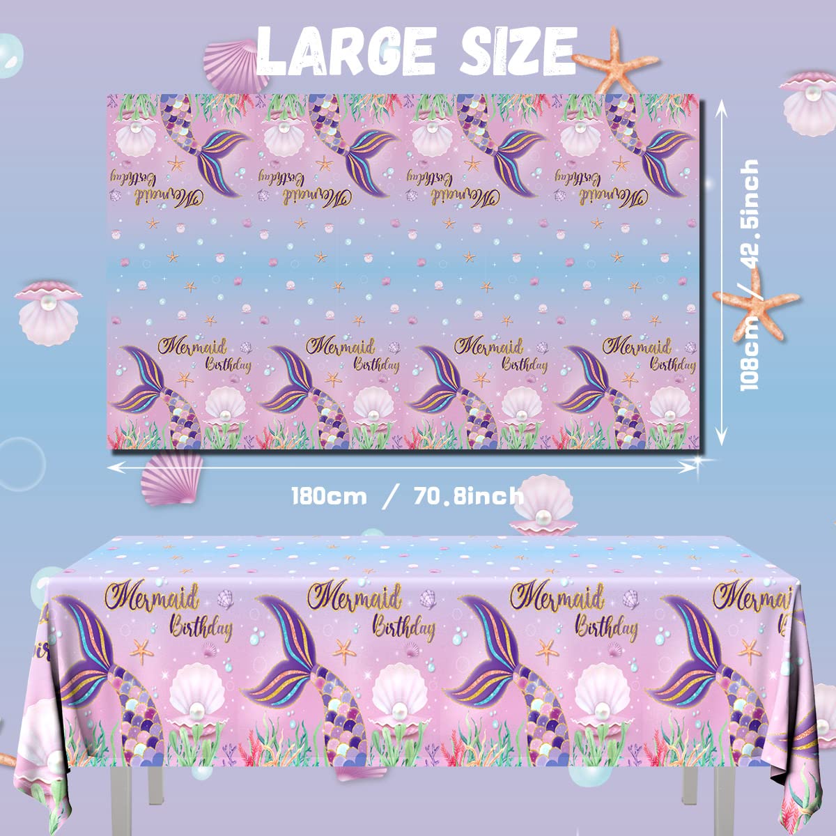 Grehumor 3Pcs Mermaid Tablecloth Birthday Supplies Party Gifts For Girl The Little Mermaid Party Favors Disposable Plastic Table