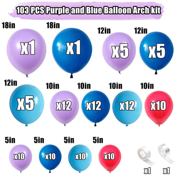 Blue And Purple Balloon Garland Kit, 103 Pcs Blue Purple And Red Balloon Arch Kit With Dark Light Blue Light Purple Balloons, Li