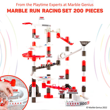 Marble Genius 200-Piece Marble Run Racing Set - Educational STEM Toy for Kids, Glass Marbles, Fun Maze Tower Building Blocks