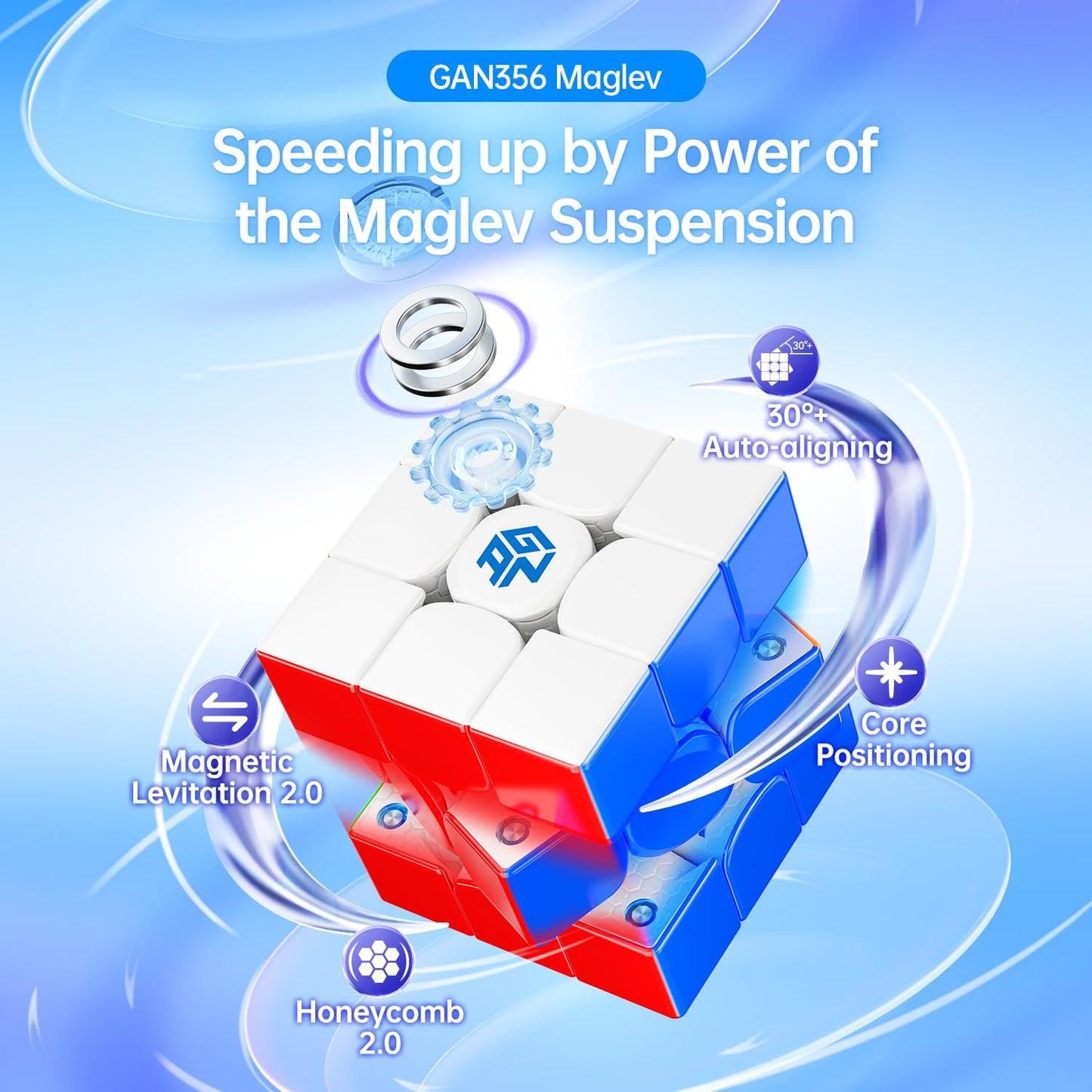 Gan356 Maglev 3X3 Magnetic Speed Cube Stickerless Gans 356M Magic Cubes, Magnetic Levitation Cube, 30°+ Auto-Aligning, 76 Magnets, Numerical Tuning Setting, Frosted Coated