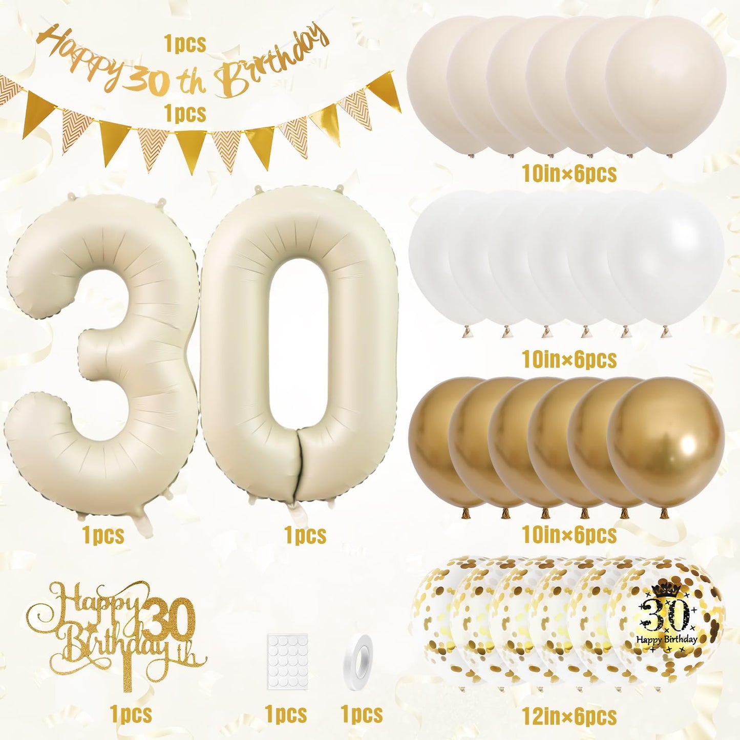 30Th Birthday Decorations Sand White Gold,30Th Birthday Balloons Beige Gold,Happy 30Th Birthday Banner With Cake Toppers Number