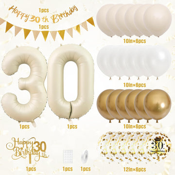 30Th Birthday Decorations Sand White Gold,30Th Birthday Balloons Beige Gold,Happy 30Th Birthday Banner With Cake Toppers Number