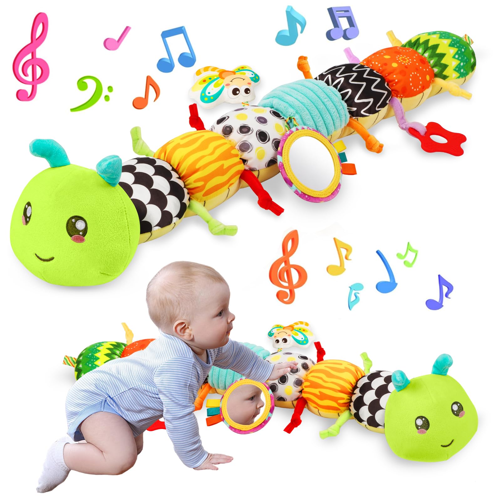Baby Toys Musical Caterpillar for 0-12 Months  Infant Stuffed Animal with Mirror  Crinkle & Rattle  Tummy Time Toy for Newborn 3 6 9 12 18 Months  Baby Shower Gifts for Boys and Girls