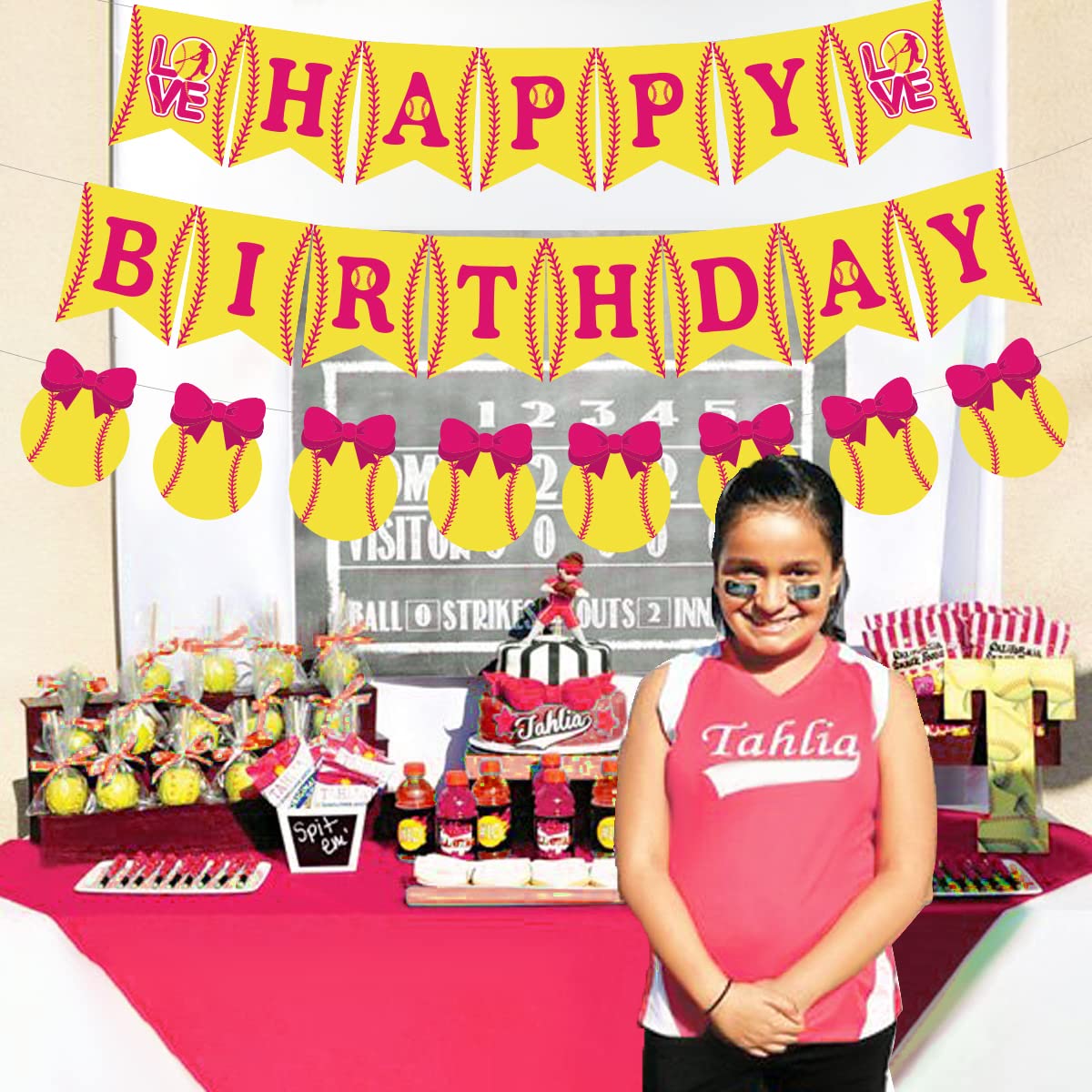 JOYMEMO Softball Themed Birthday Decorations for Girls, Happy Birthday Banner, Fast Pitch Garland Sports Player Party Supplies P