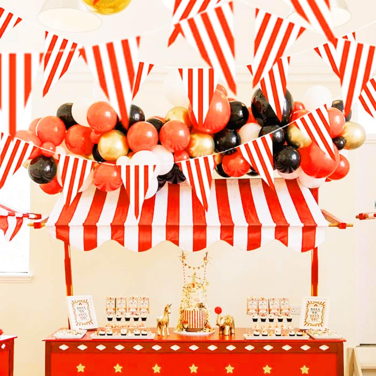 Piokio 100Ft Red And White Striped Pennant Banner, Carnival Circus Theme Party Decorations Supplies, String Triangle Bunting Flags For Birthday Party, Festival Celebration, Events Classroom Decor