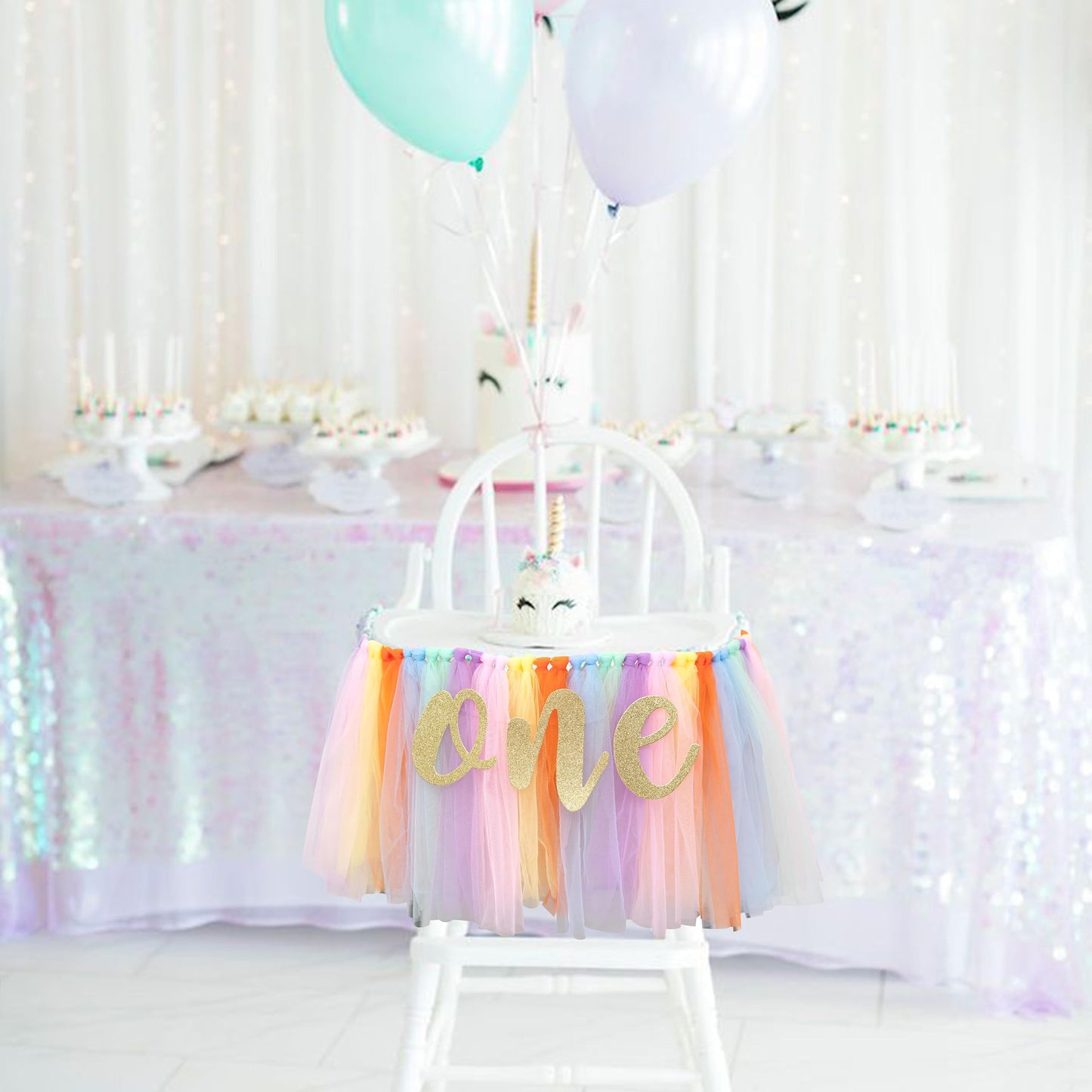 CANTLY Rainbow High Chair Banner for 1st Birthday - Unicorn Theme Party Decoration with Tulle Tutu, Adjustable One Pennant, 80