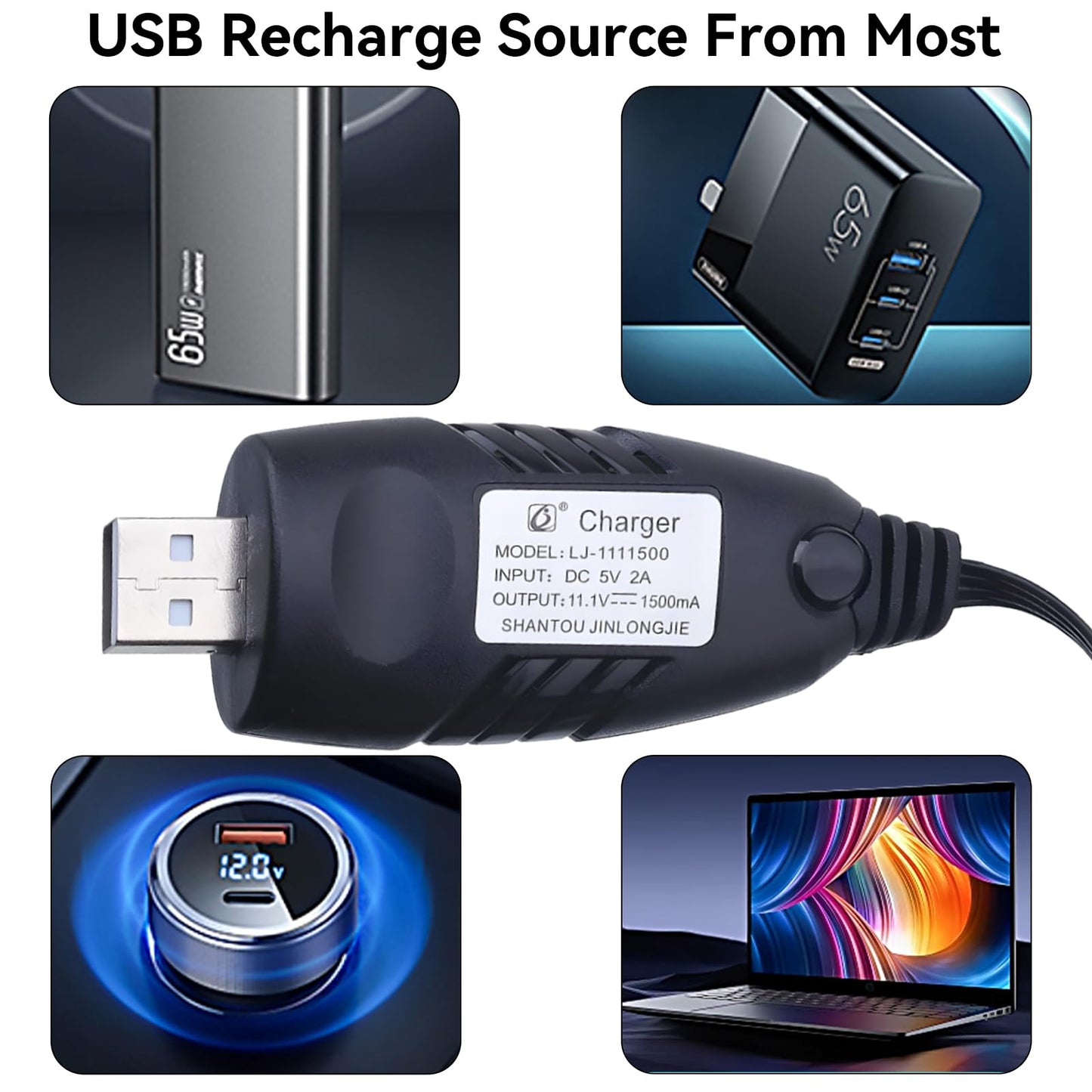 Tosiicop 11.1V Battery Charger Airsoft - 2A 1500mAh USB Chargers with XH-4P Plug Gel Blaster 3S Lipo Battery 11.1 Volt Li-ion Ba