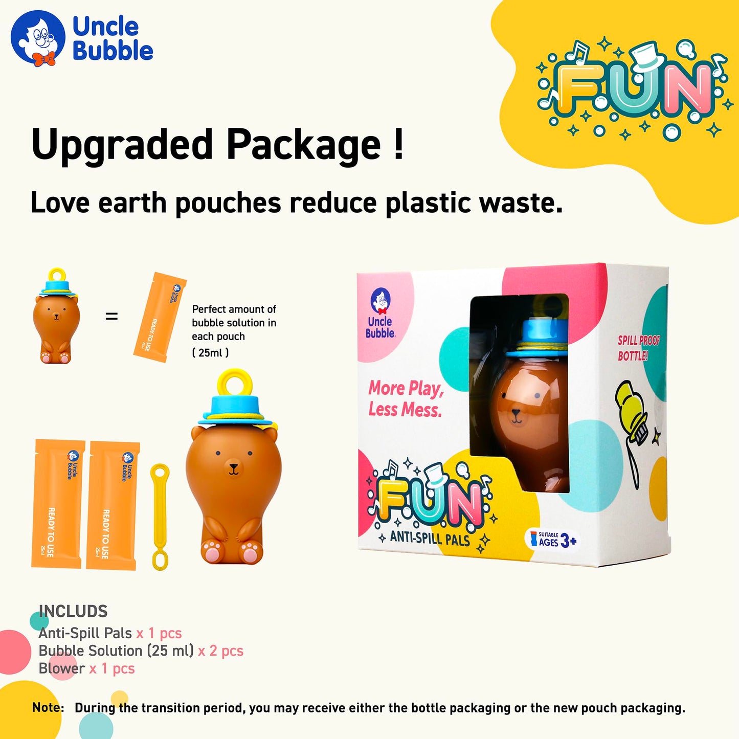 Uncle Bubble Fun Anti-Spill Pals - Brown Bear Toy with Bubble Solution & Wands for Kids Birthday Party Favor