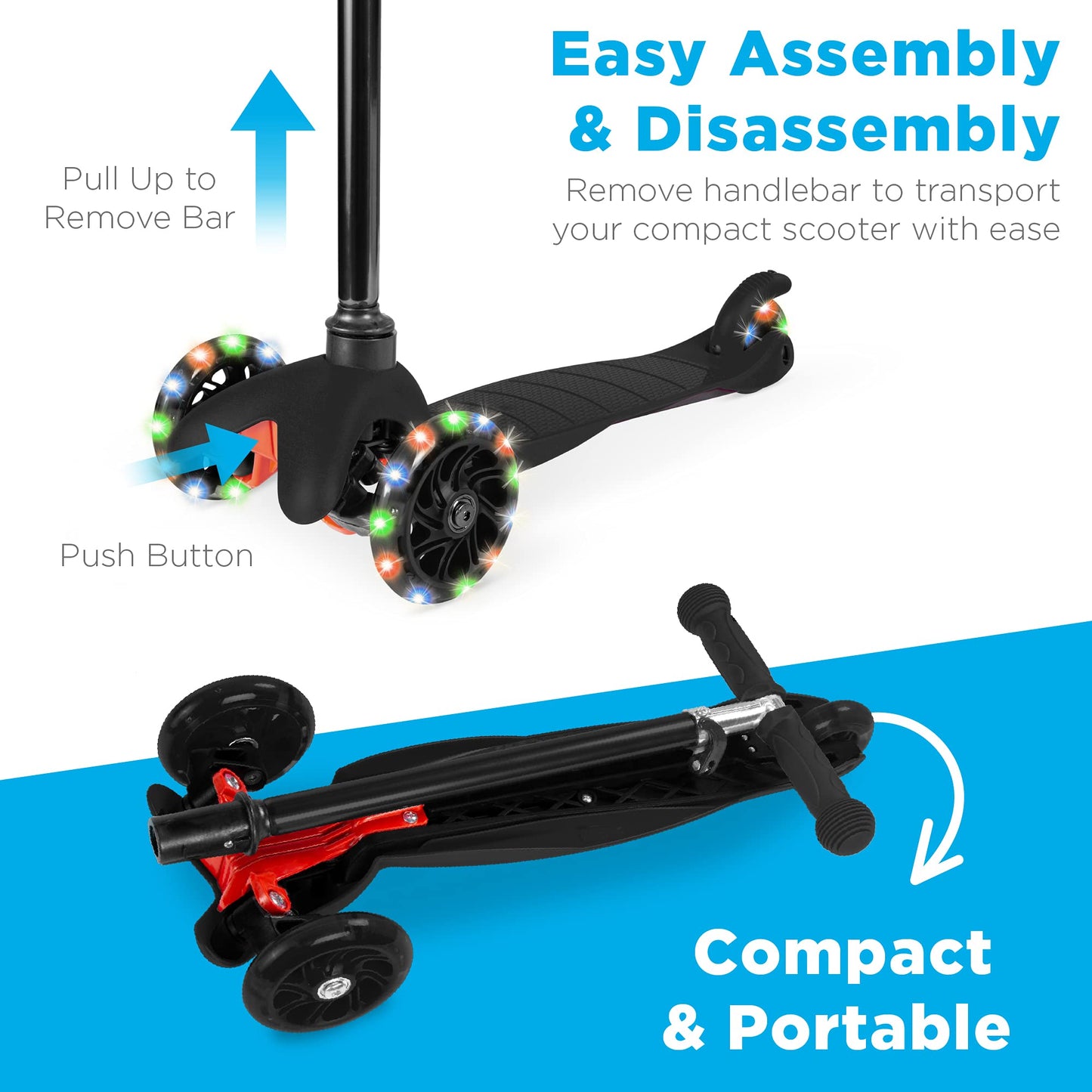 Best Choice Products Kids Mini Kick Scooter Toy W/ Light-Up Wheels, Height Adjustable T-Bar, Foot Break - Black