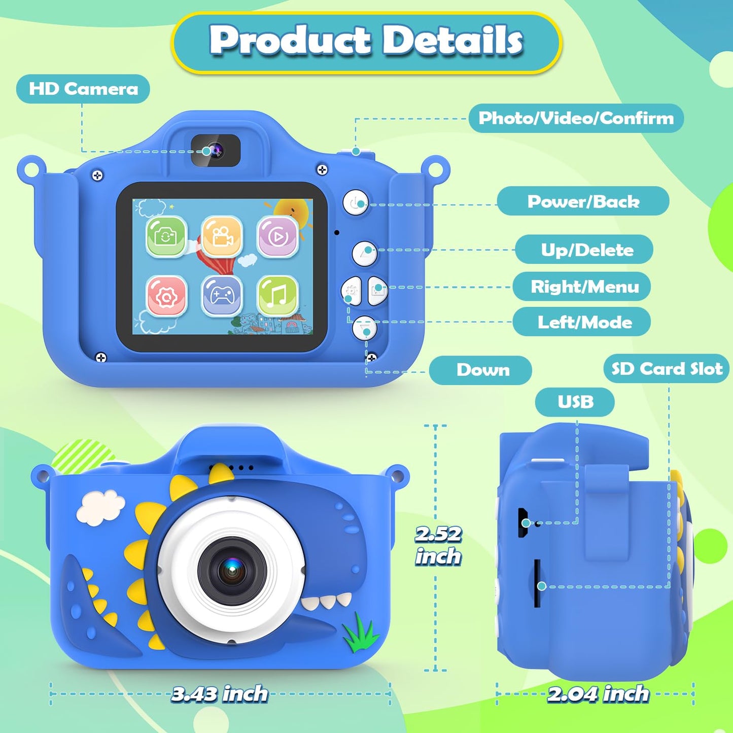 Kids Camera For Boys Dinosaur Toys Age 3-8 With 48Mp 1080P Hd Video Camera Kids Digital Camera Toys For Kids Toddler Christmas B