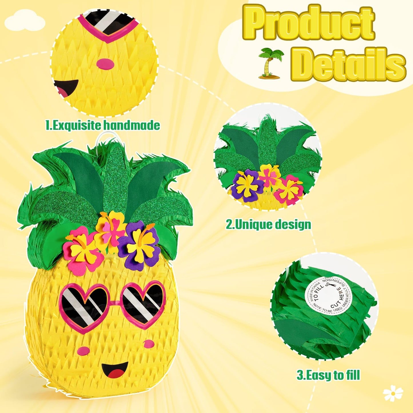 Wernnsai Small Pineapple Piñata - Piñata With Blindfold And Bat For Girls Boys Kids Piñata For Hawaiian Tropical Luau Party Supplies Summer Fruit Themed Birthday Party Decorations For Fiestas Carnival