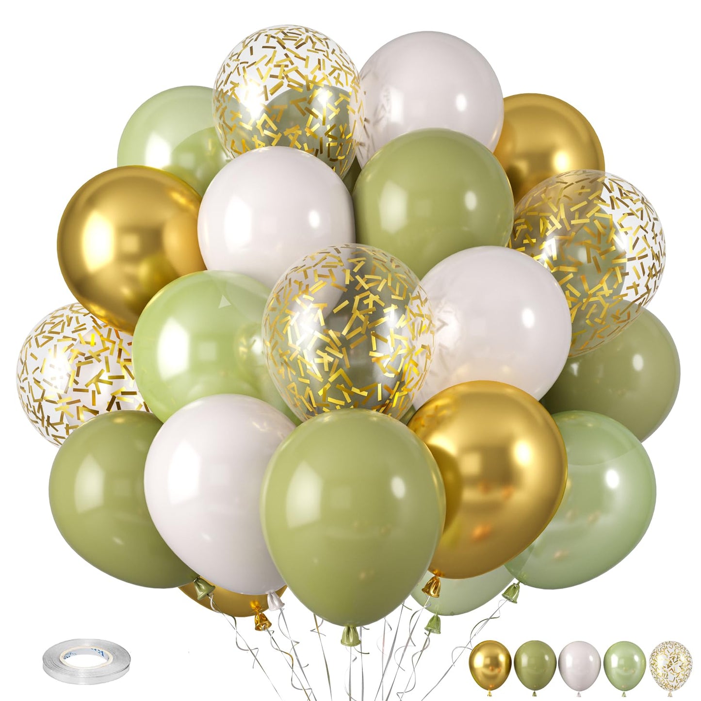 Sage Green Balloons, Sage Balloons Retro White Pearl Light Green Balloons, White Sand Gold Balloons Gold Confetti Balloons For B