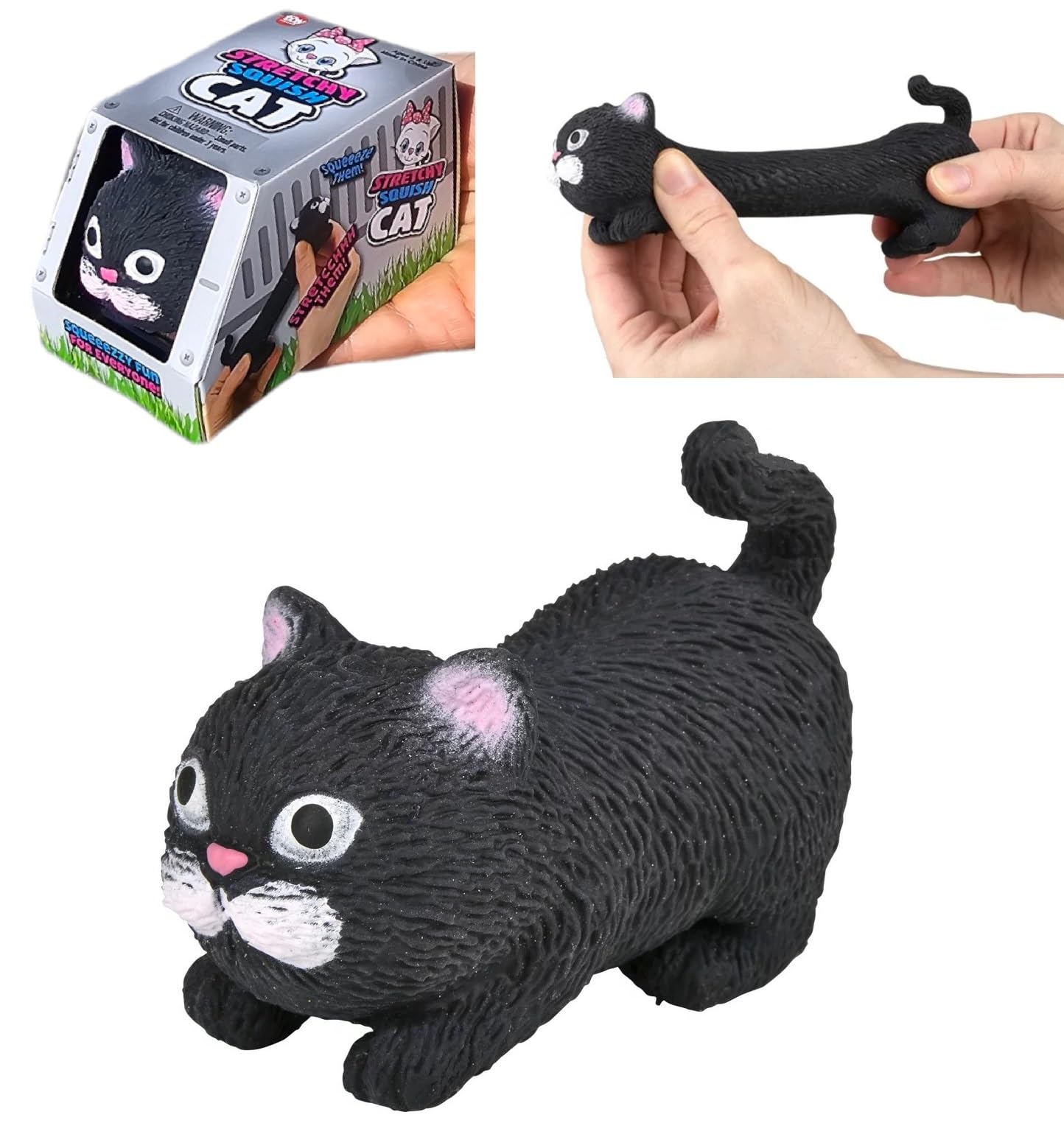 Squishy Stretchy Cat (3.5' To 6.5') Rubber Fidget Sensory Toy Filled With Sand. Great Stress Relief Cat Toy For Kids, Adults And Pets. (Black Cat)