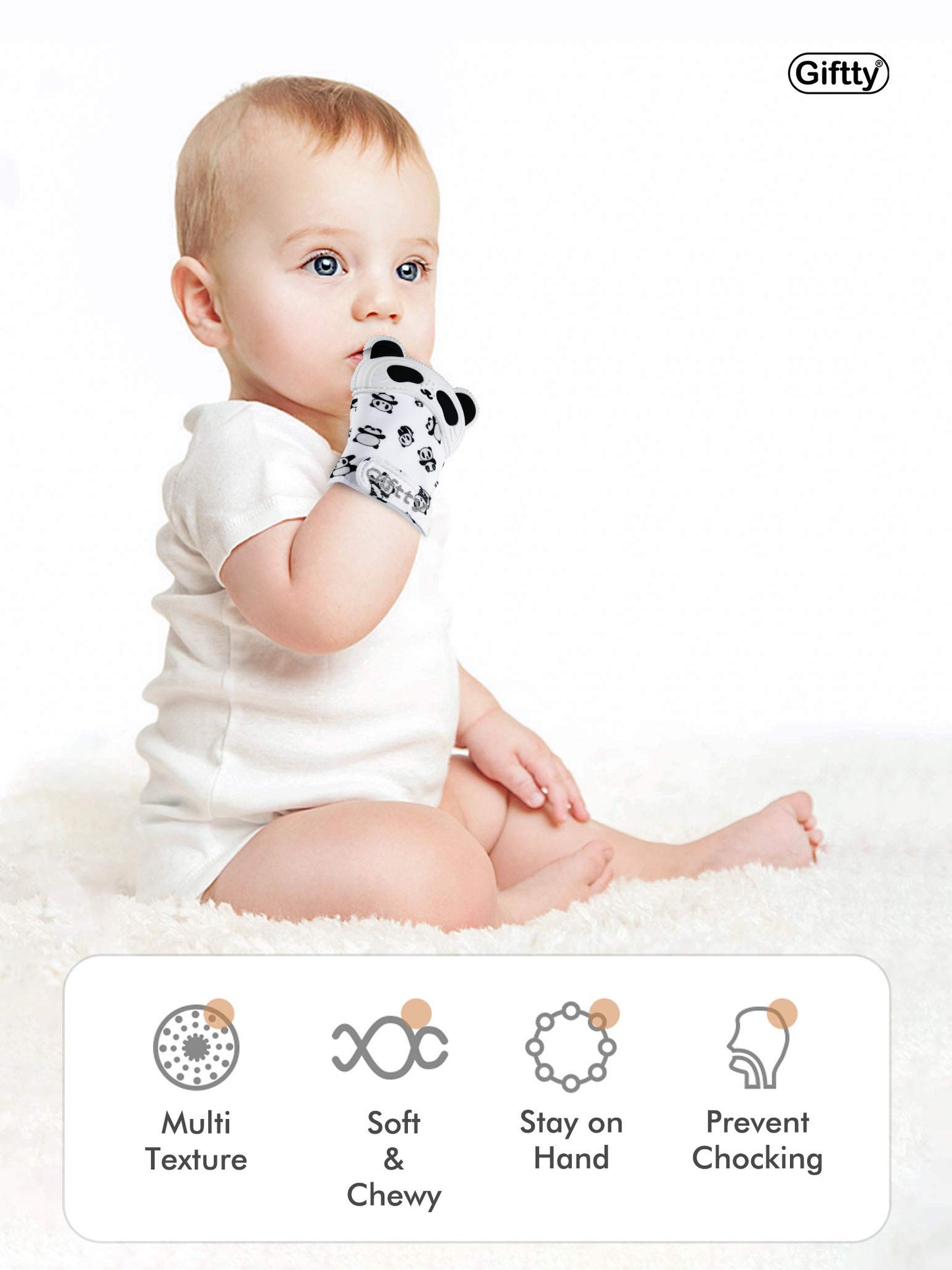 Giftty Baby Teething Mitten Panda Teether Mitt Chewing Glove Infant Toy Teething Glove Baby Chew Mitt With Finger Toothbrush Bpa-Free For Baby Boys Girls - 1 Pair + 1 Toothbrush