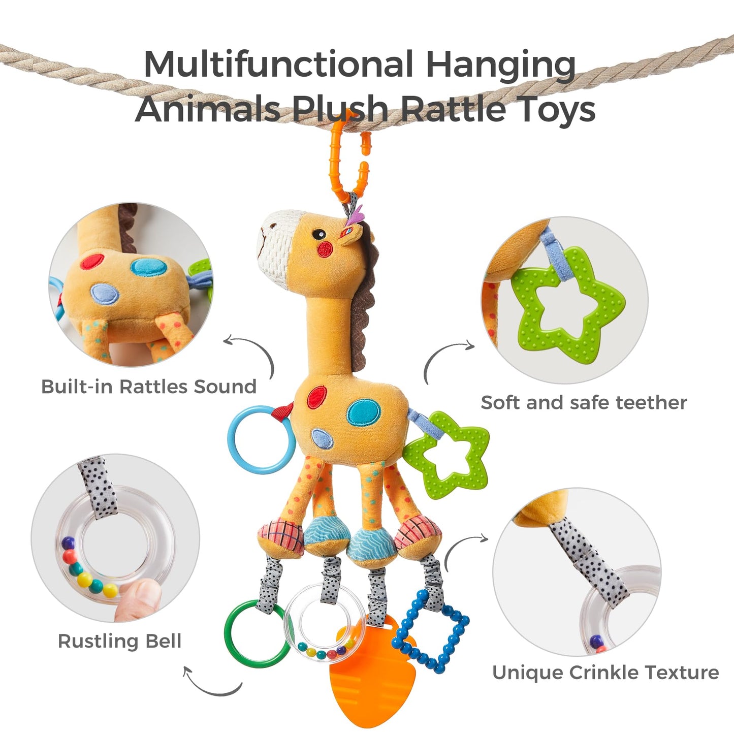 Tumama Giraffe Hanging Rattle Toys, Soft Baby Hanging Toys With Wind Chimes, Stroller Car Seat Crib Plush Animal Activity Toys Gift For Newborn Toddlers 0,3,6,9,12,36 Month