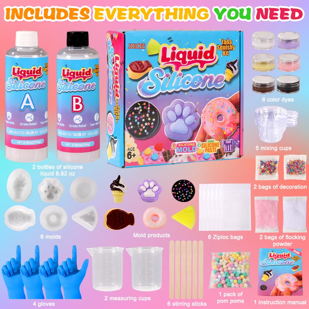 JOICEE Taba Squishy Kit  DIY Squishy Making Kit 18OZ 1:1 AB Liquid Silicone with 6 Molds for Make Your Own Super Soft Squishies Maker Kits Birthday Party Favors