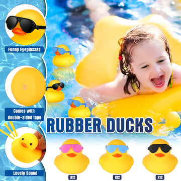 36 Pcs Mini Rubber Ducks With 36 Sunglasses Rubber Ducks In Bulk Bathtub Duckies Toys For Kids Gift Baby Shower Birthday Party Favors Cruise (Yellow, Multicolor Sunglasses)