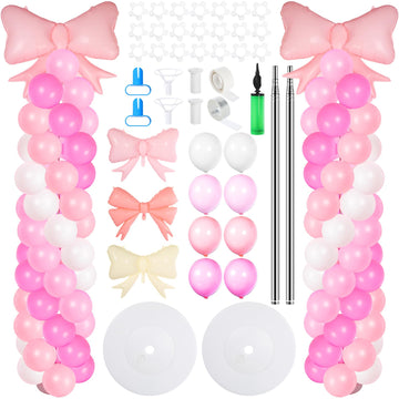 Gejoy 2 Sets Pink Bow Balloon Column Stand Kit with 106 Balloons Adjustable Stand Pink and White Foil Latex Balloon Garland Arch