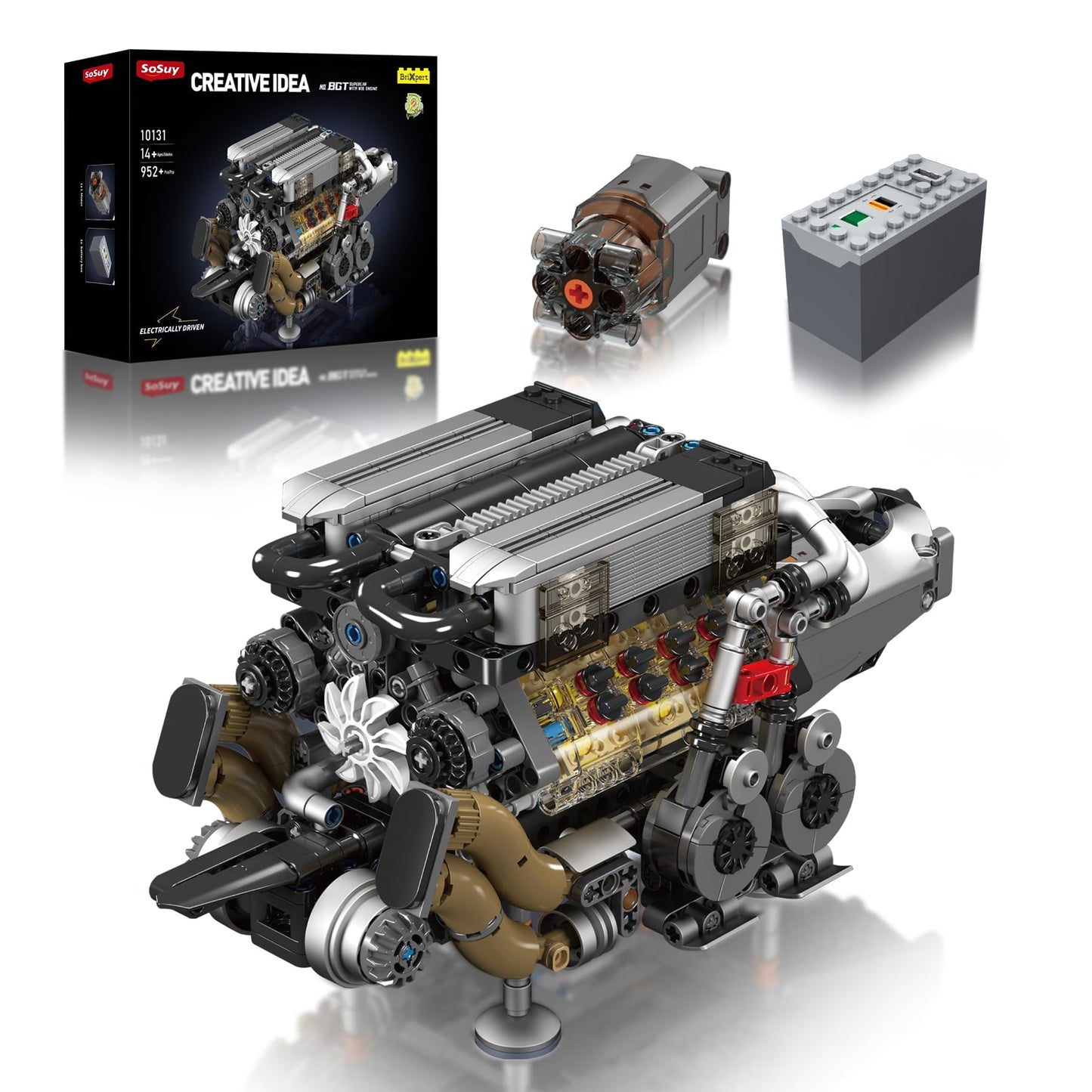 Sosuy W16 Motorized Model Engine Kit for mature-themed Men Teen  Electric Drive  Ultra-Realistic Working Replica  Home Set for Collection Fans  STEM Building Block Toy for Boy  Birthday Gift for 8+ Kid 952Pcs