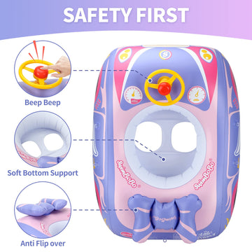 Swimbobo Toddler Pool Float Inflatable Car Baby Swim Float With Adjustable Sun Canopy And Safety Seat Pool Toys For Kids 1-4 Years Old (Princess Pink)