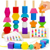 Montessori Toys For 2 3 4 Year Old Kid Boy Girl Toddler, Montessori Wooden Beads Sequencing Toy Set, Lacing Beads & Stacking Blo