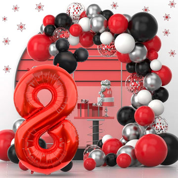 Lebery Mouse Number 8 Balloon 40 Inch Red Number 8 Balloon Mini Mouse Head Balloon For 8Th Birthday Party, Black Red Large Number 8 Foil Balloon For Baby Shower Anniversary Supplies Decorations