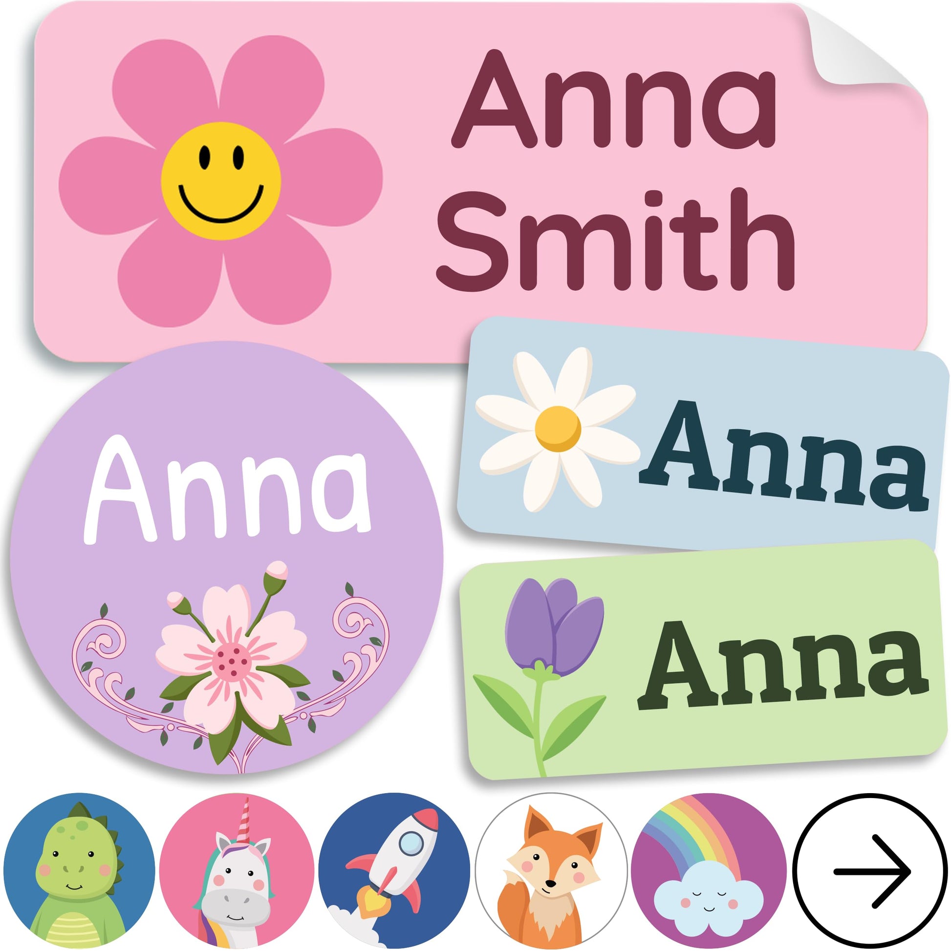 Personalized Daycare Name Labels for Kids [70pcs, Flowers] - Waterproof Name Stickers for School, Baby Bottles & Clothing - Cust