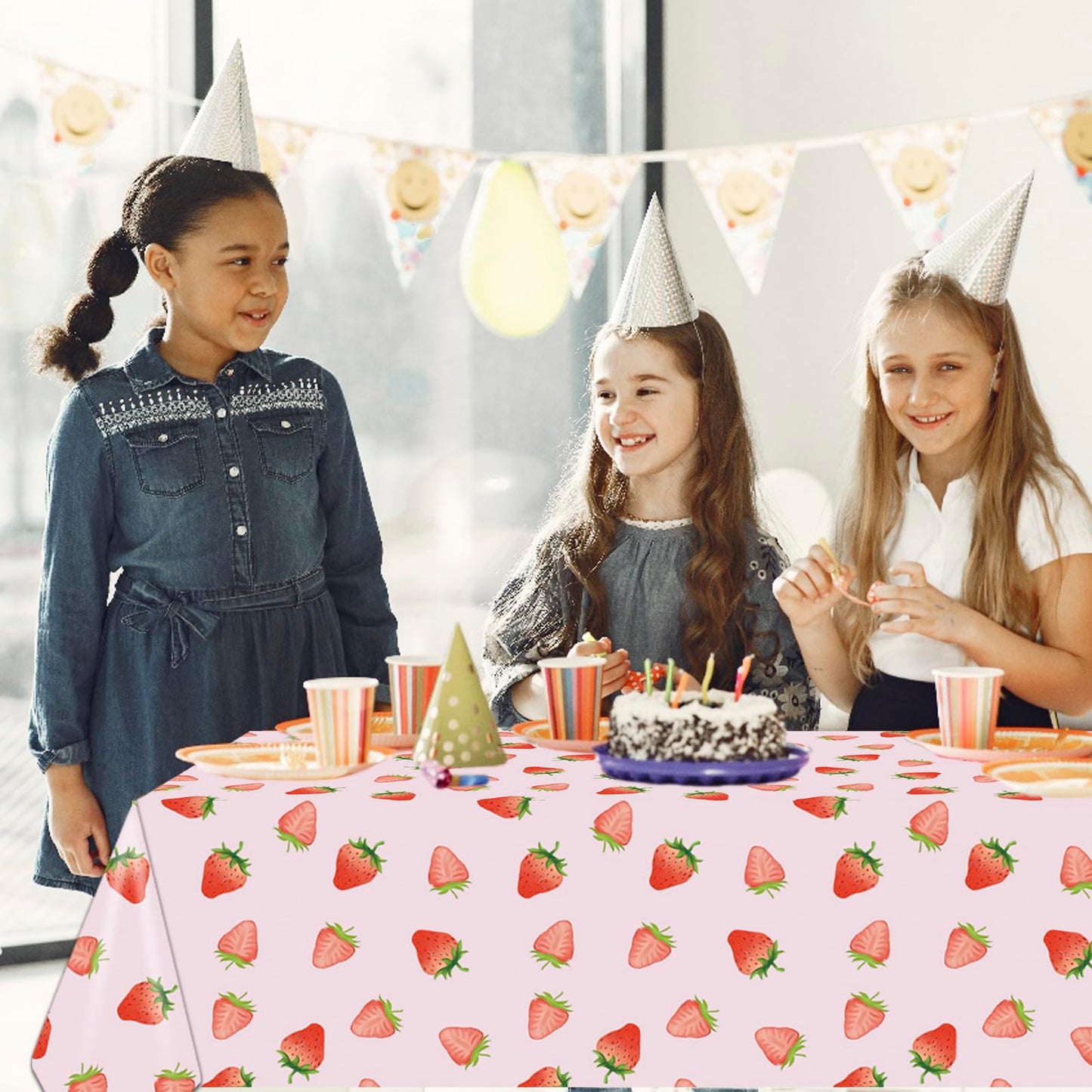 HTONTB 3PCS Strawberry Party Tablecloth,Strawberry Birthday Decorations 54X108INCH Disposable Plastic Rectangle Table Cover for