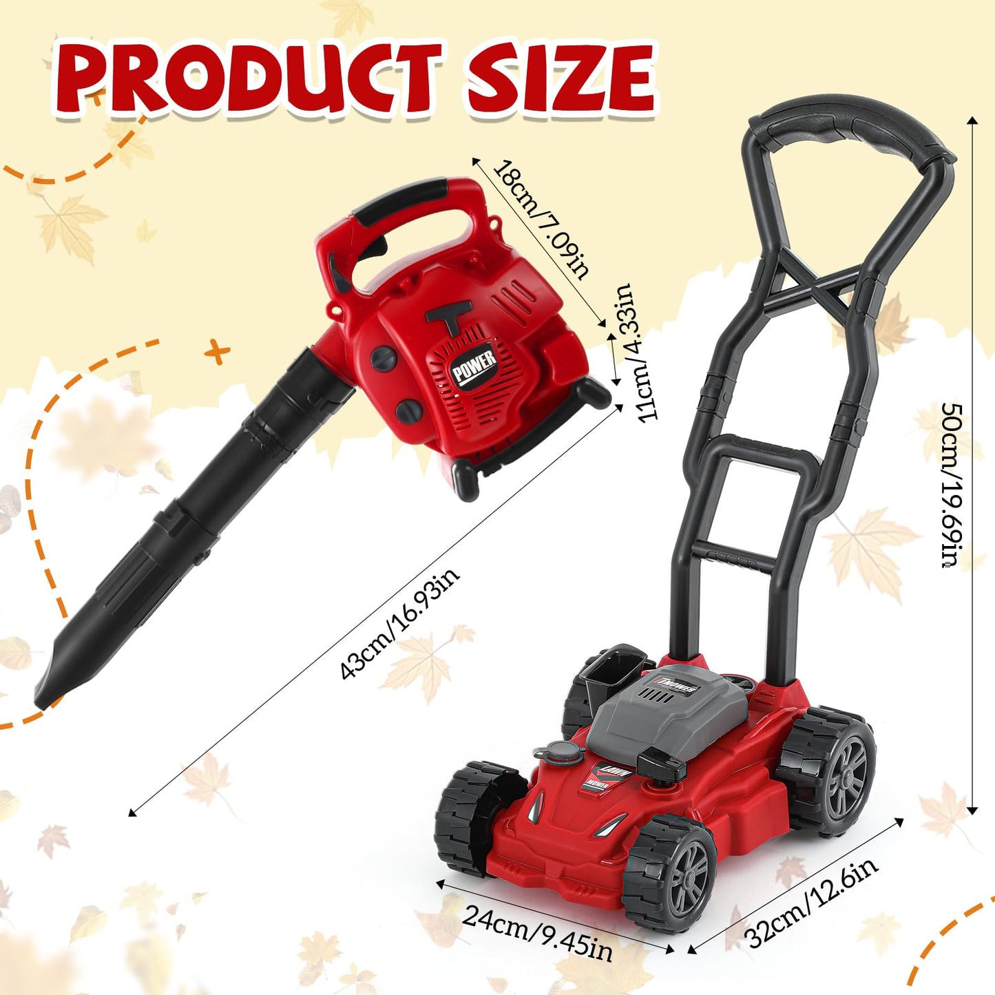 Arrowbash 2 Pcs Toy Gardening Tool Set for Kids Leaf Blower  Push Lawn Mower Battery Powered Gardening Tool Set with Lights and Sounds Gift for Boys Girls