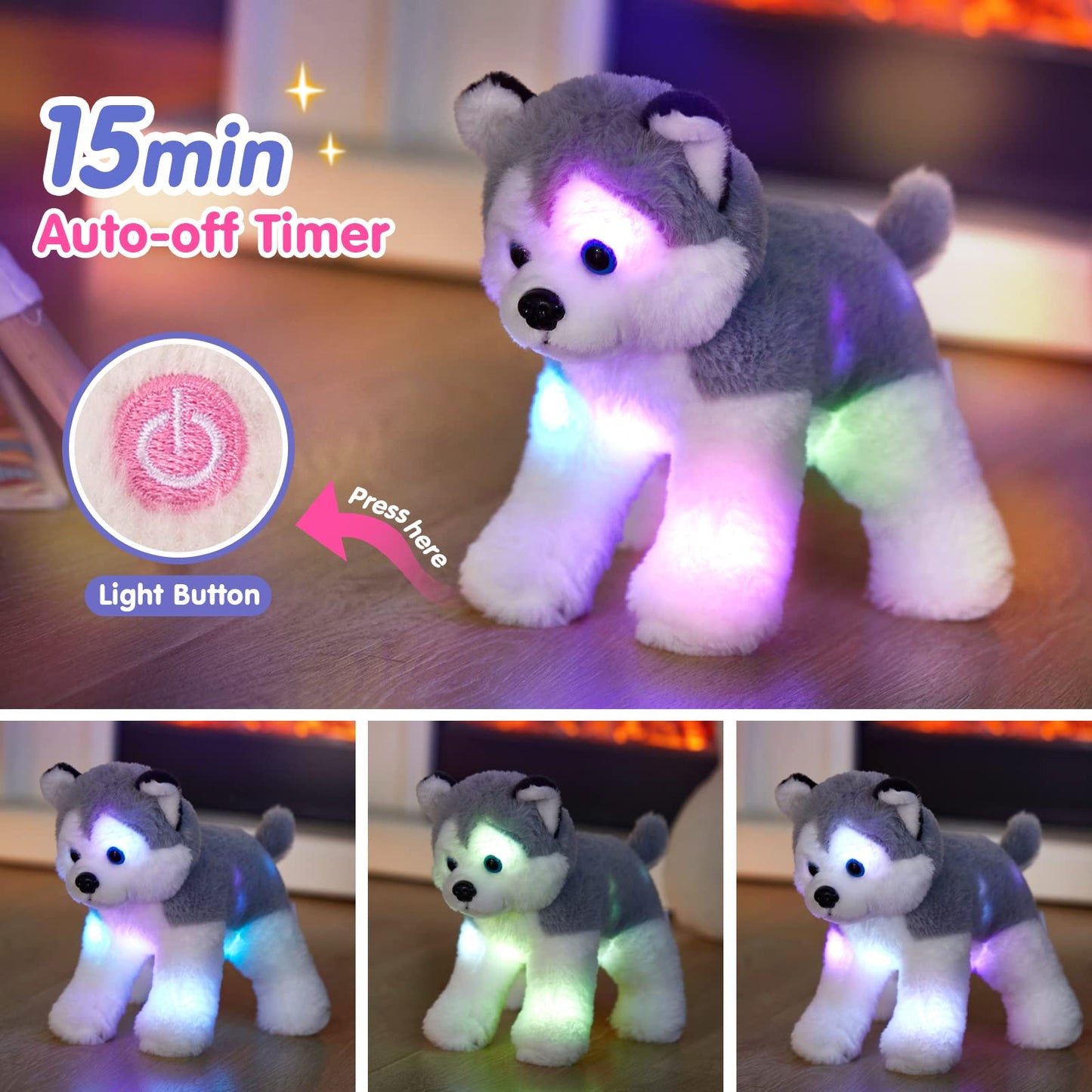 BSTAOFY 12" LED Light-Up Husky Puppy Stuffed Animal - Soft Plush Glow in the Dark Toy for Kids