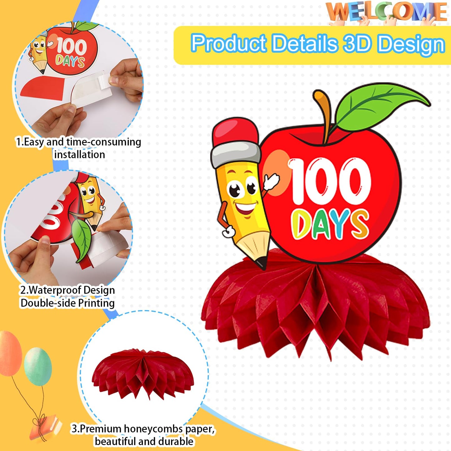 JULMELON 100th Day of School Decorations Honeycomb Centerpiece, 8 PCS Happy 100 Days Of School Centerpieces for Tables 100 Days