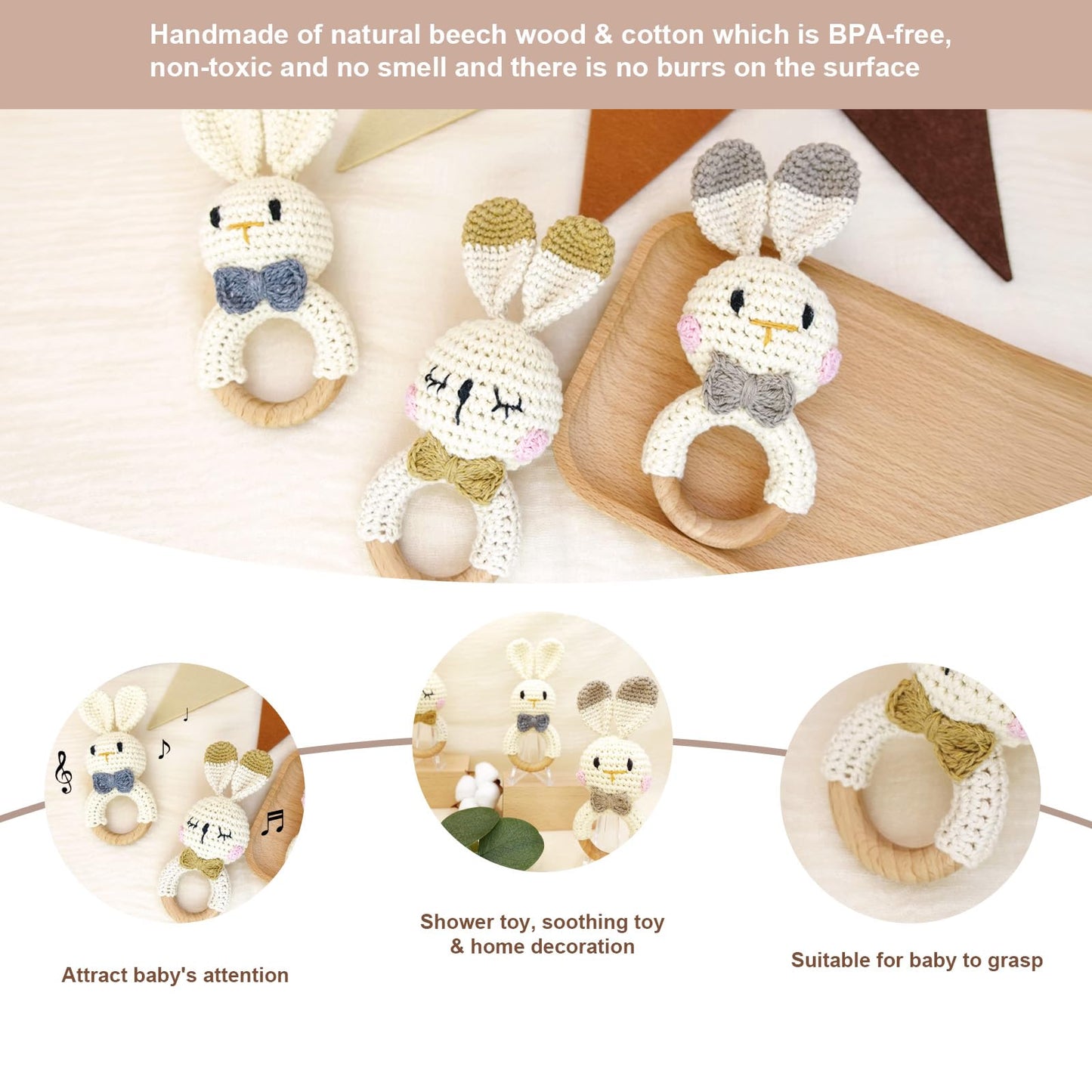 Crochet Bunny Rattle For Baby, Soft Baby Rattle Toys Wooden Ring Rattle For Toddlers Cute Rattle Toy Boy Girl First Rattle Gift