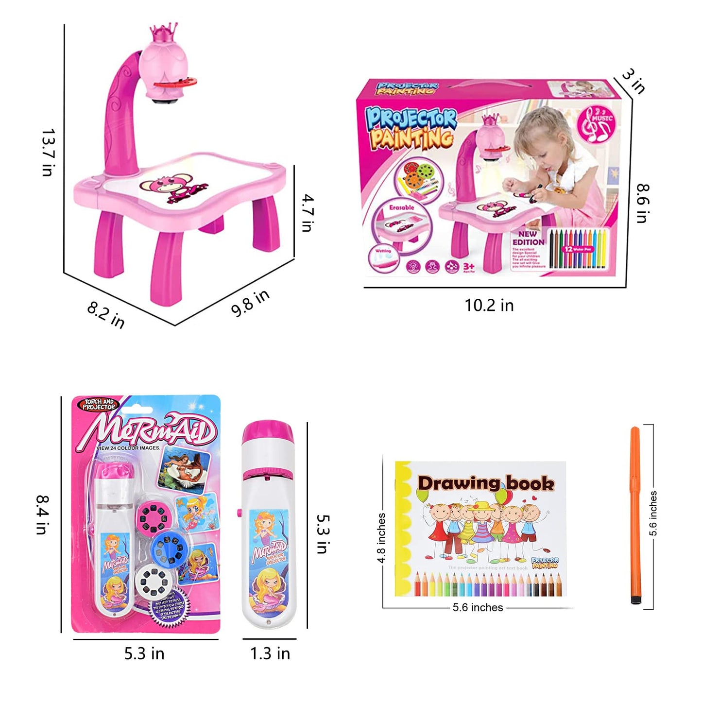 2Pcs/Set Drawing Projector For Kids With Flashlight Slide Projector, Projector Drawing Table For Kids Tracing With Light Music Sketcher Desk For Early Art Learning Games Gifts (Pink)