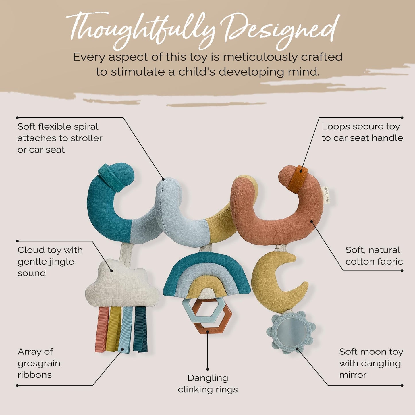 Itzy Ritzy Spiral Car Seat & Stroller Activity Toy - Stroller & Car Seat Toys For Ages 0 Months And Up - Hanging Toys Include Clinking Rings, Mirror And Textured Ribbons (Rainbow)