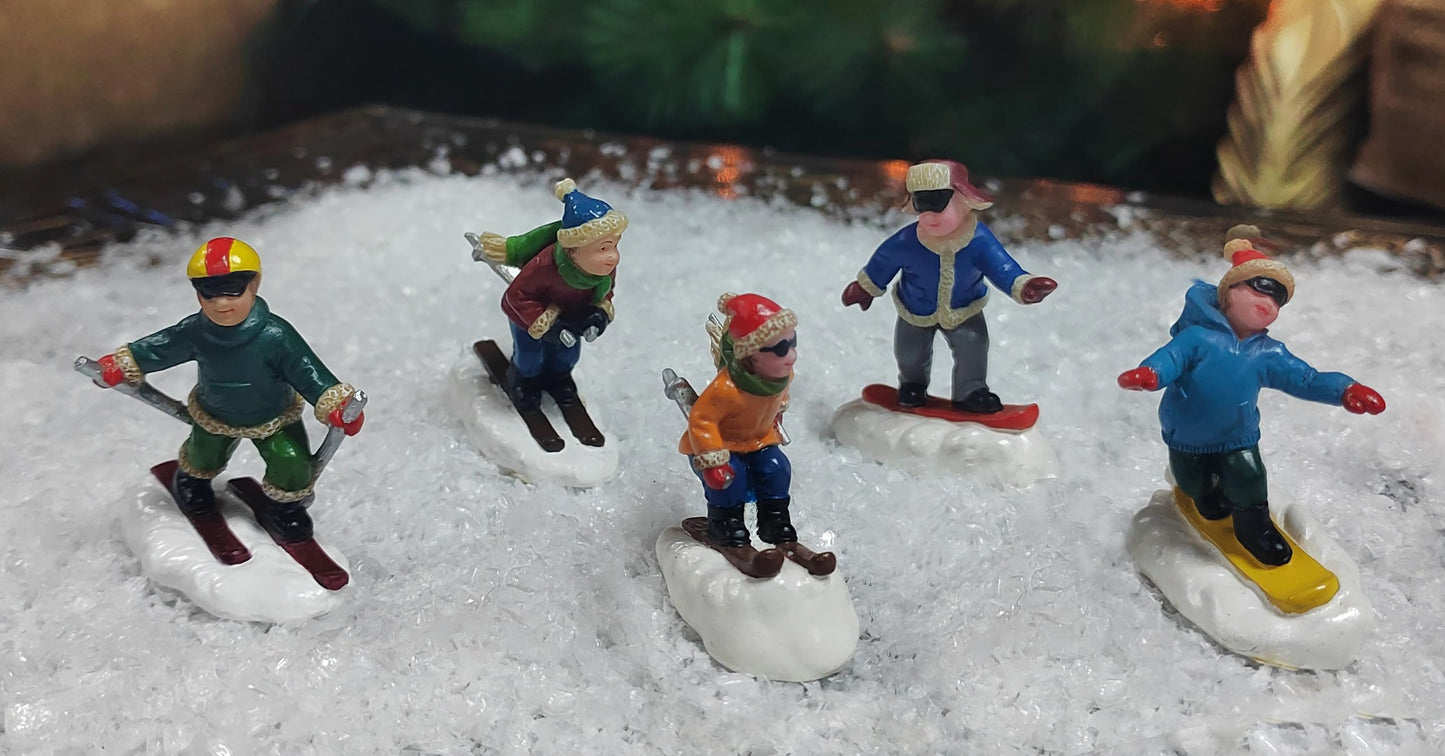 Moments In Time Set Of 5 Hand-Painted Polyresin Christmas Village Skiing Figures