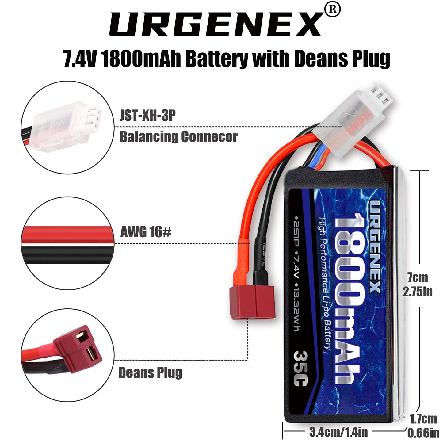URGENEX 7.4V Lipo Battery 2S 35C 1800mAh RC Battery Pack with Deans T Plug for 1/10 & 1/16 Scale