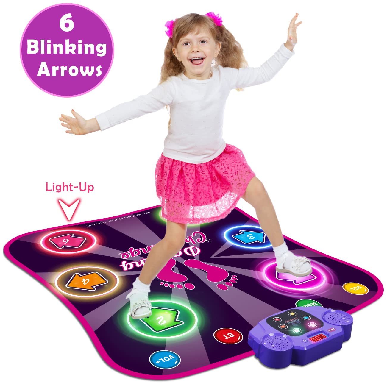 Kids Dance Mat For Girls - Toys For 4 5 6 7 8-10 Year Old Girl Birthday Gifts - Girl Toys For Ages 5-7 6-8 8-12 - Electronic Dance Pad With Light Up 6 Button - Wireless Bluetooth - 5 Game Modes