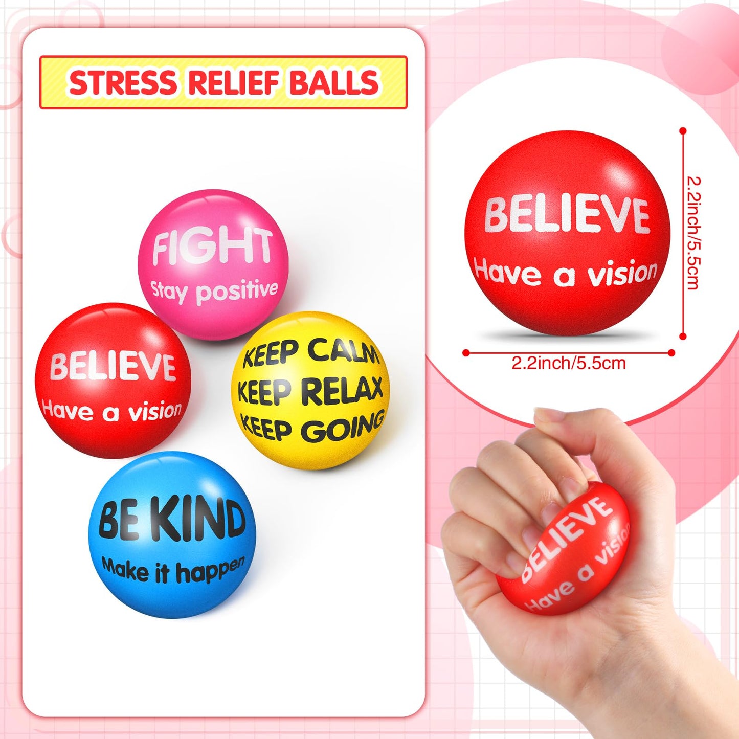 Liliful 48 Pieces Motivational Stress Balls Bulk for mature-themeds Kids Fidget Toys Inspirational Squeeze Balls Christmas Employee Appreciation Gift mature-themed Goodie Bag Stuffer 2.2 Inch(Bright Colors)