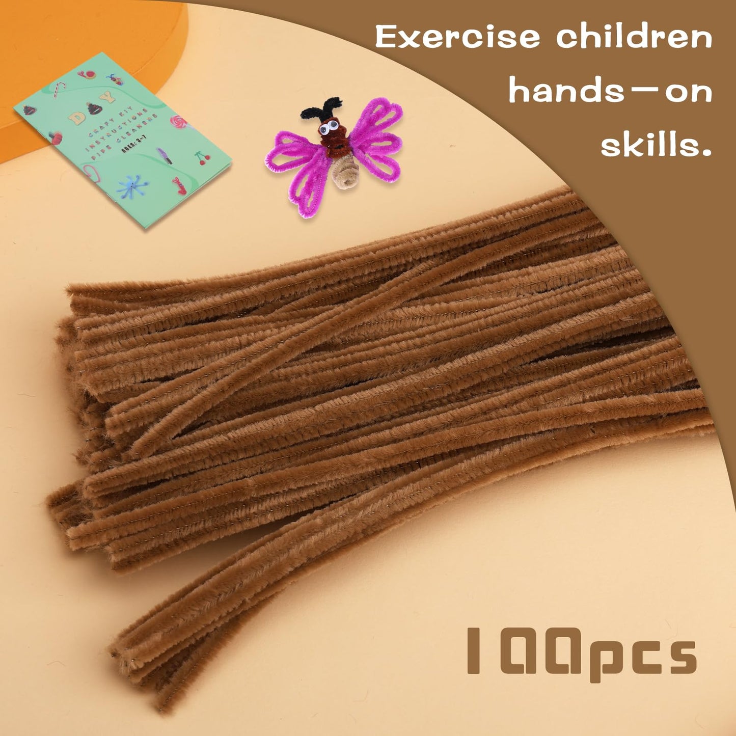 Giwrmu 100 Pieces Pipe Cleaners Chenille Stem, Light Brown Pipe Cleaners Craft, Fuzzy Sticks Craft Supplies, Colored Pipe Cleane