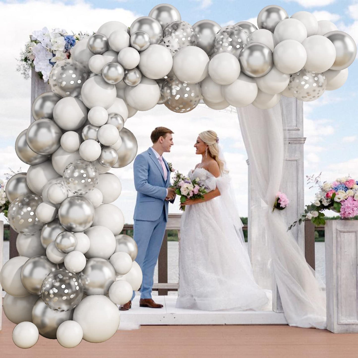 103Pcs Balloon Arch Garland Kit, White Metallic Silver Latex Balloon Garland Party Decoration Set With Silver Confetti Balloons For Girls Birthday Wedding Bridal Engagement Baby Shower Valentine'S Day