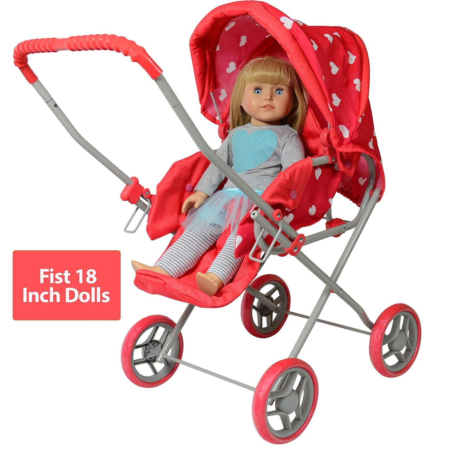 The New York Doll Collection 3-in-1 Baby Doll Stroller Play Set, Pink Hearts, 21x13x26 inches, Metal, Model A149